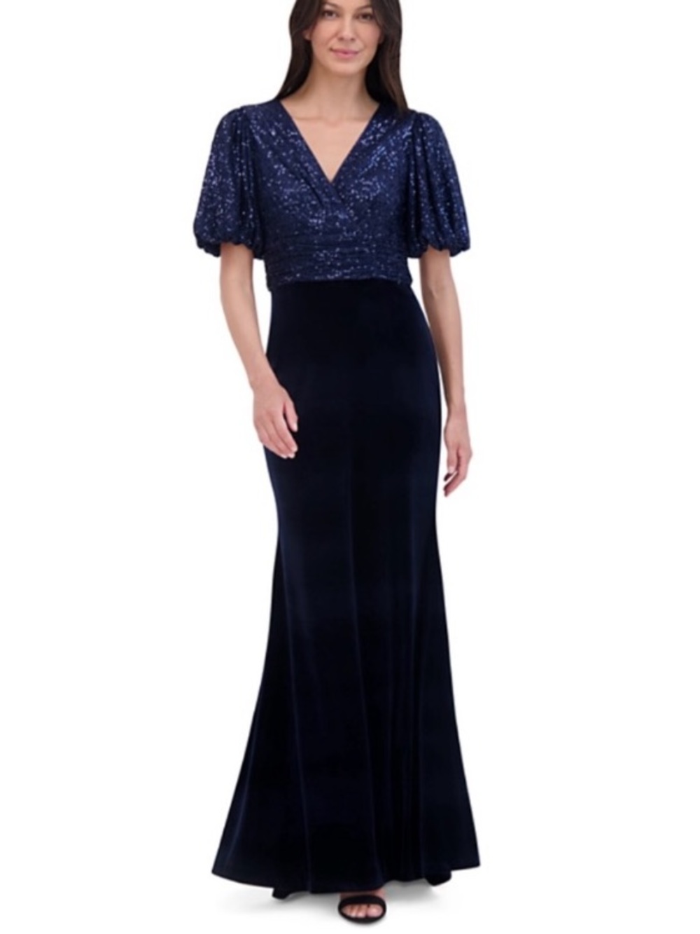 Eliza J Women's Sequined Velvet Puff-Sleeve Gown 12 Navy Blue Formal Dress